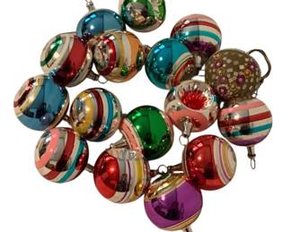 445 - Assorted Vtg Striped Glass Christmas Ornaments (Description): A lot of vintage glass Christmas ornaments featuring an assortment of colorful striped and decorated glass balls. The collection includes ornaments in vibrant hues of red, blue, green, pink, purple, orange, and silver, many with painted stripe designs in various patterns. The ornaments retain their original metal cap hangers.