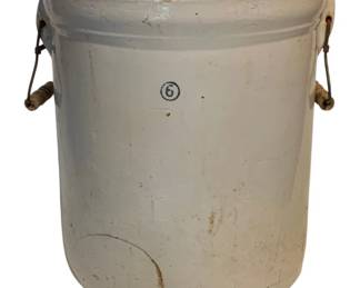37 - Vtg 6 Gallon Stoneware Crock w/ Wire Handles-AS IS (Description): Vintage 6 gallon stoneware crock featuring a cream-colored salt-glazed exterior with a brown glazed interior rim. The crock is marked with a circled number 6 on the front and is equipped with wire bail handles with wooden grips on each side. The piece shows age-appropriate wear and is cracked. Measures 15 inches tall by 13 inches in diameter.