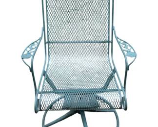 263 - Vtg Mesh Patio Swivel Chair (Description): Vintage patio swivel chair featuring an expanded metal mesh seat and back with decorative floral and leaf motifs along the top rail and arms. The chair is finished in a light teal blue-green color and sits on a circular swivel base. Measures 38 inches high by 26 inches wide by 24 inches deep.