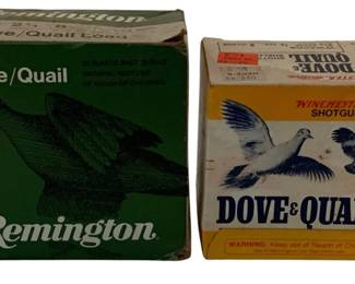 420 - 2 boxes Dove/Quail Ammo - boxes not full (Description): Two dove and quail shotgun shell boxes. Includes one green Remington Dove/Quail box featuring a bird graphic, and one Winchester Western Dove & Quail Load box with colorful bird illustrations. Boxes are not full.