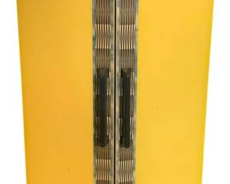 430 - Sears Toy Fridge 36"x18"x15" (Description): Sears toy fridge in a vibrant yellow finish with chrome-style vertical accent strips flanking the double doors. Features black handles and a brass-toned bottom vent panel. This mid-century style miniature refrigerator measures 36"x18"x15". Shows we to the top surface consistent with age and use.