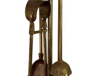 113 - Mini Brass Fireplace Set 19" (Description): Mini brass fireplace set including a stand with tools. Measures 19 inches tall.