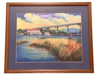 402 - Signed Watercolor K. Nobles Coastal Scene (Description): A signed watercolor painting by K. Nobles depicting a serene coastal harbor scene. Measures 17" x 14".