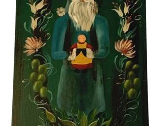 181 - Holiday Wood Wall Art 25"x11.5" (Description): Hand-painted wood wall art featuring a folk art style Santa Claus figure in a teal robe holding a small doll, surrounded by a decorative floral and fruit wreath with birds. The piece includes a decorative plaque with a verse about warm memories of past Decembers. Signed by the artist in the lower right corner. Measures 25 inches by 11.5 inches.
