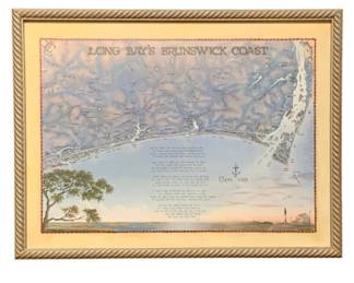 403 - Framed Long Bay's Brunswick Coast Map 17"x22" (Description): Framed decorative map of Long Bay's Brunswick Coast featuring the Atlantic Ocean coastline. The colorful illustrated map includes geographical details, landmarks, and descriptive text with a compass rose. Presented in a gold-toned rope twist frame with cream matting. Measures 17 inches by 22 inches.