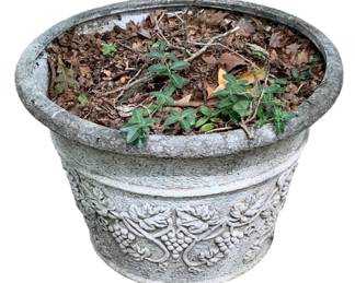 265 - Resin/Plaster Planter w/ Grape Motif (Description): Measures 15 inches tall by 19.5 inches in diameter.