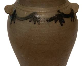 210 - Antique Stoneware Crock #3 w/ Cobalt Swag (Description): Antique stoneware crock marked #3, featuring hand-painted cobalt blue swag decoration around the shoulder. The crock has a salt-glazed tan body with small lug handles on either side and a rolled rim. Shows age-appropriate wear including a visible crack. Measures 10 inches by 11 inches by 7 inches.