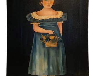 45 - Signed Oil on Canvas Portrait of Girl 24"x18" (Description): Signed oil on canvas painting depicting a young girl in a blue off-shoulder dress with lace collar, holding a basket of fruit. The folk art style portrait features the child standing against a dark background, wearing yellow shoes. The painting measures 24 inches by 18 inches.