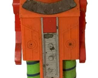 492 - Vintage Toy Robot 13" (Description): Vintage toy robot featuring a striking orange and neon green color scheme. This retro-style robot displays charming mid-century design elements with large green circular eyes, a wide grinning mouth, and articulated arms. The body shows detailed panel work and decorative circular accents on the torso. The figure stands on blocky orange feet with silver accents throughout. Measures 13" x 5 1/2" x 5".