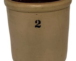 164 - 2 Gallon Stoneware Crock 10"x9" (Description): A 2 gallon stoneware crock featuring the number 2 marking on the front. This traditional salt-glazed crock measures 10 inches by 9 inches.
