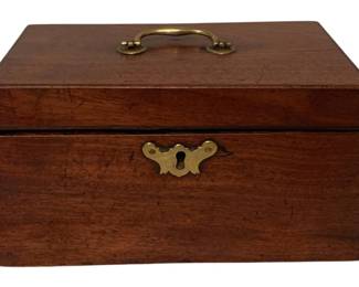 200 - Antique Wood Trinket Box w/ Brass Hardware (Description): Antique wooden storage box featuring brass hardware Measures 5.25" x 9.5" x 5.25".