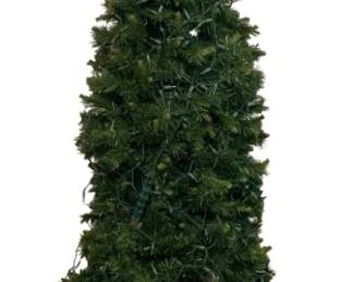 93 - 84" Artificial Christmas Tree w/ Wood Stand (Description): Artificial Christmas tree standing 84 inches tall. This full-sized holiday tree features green pine needle-style branches and comes with a natural wood tripod stand. The tree is decorated with a red berry cluster topper and is pre-strung with light strands. Ready for display with additional ornaments and decorations. Used as is electric/electronic/mechanical item. No guarantee all components, untested.