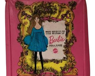 484 - The World of Barbie Doll Case w/ Contents (Description): Vintage Mattel "The World of Barbie" doll case with contents. This pink vinyl carrying case features a decorative illustration of Barbie in a blue dress framed by ornate gold scrollwork and floral designs. The case is designed for Barbie and her friends, as noted on the front. Dating from the 1960s, this classic collectible measures 3.5" x 11.5" x 13.5".