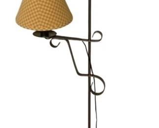 240 - Floor Lamp w/ Checkered Shade (Description): Floor lamp featuring a scrolled arm design on a tripod base. The lamp includes a yellow and white checkered fabric shade. Measures 59 inches tall. Used as is electric/electronic/mechanical item. No guarantee all components, untested.