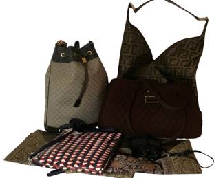 485 - Assorted Purses/Bags & More (Description): A collection of purses and handbags featuring various styles including a monogram print bucket bag with drawstring closure and leather trim, a large hobo-style shoulder bag with geometric logo pattern, a quilted burgundy handbag with buckle detail,and several flat pouches and clutches in assorted patterns including tapestry and geometric prints.