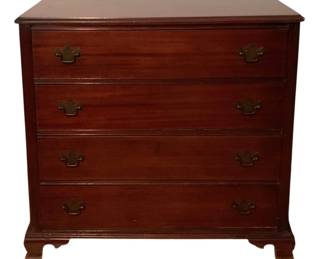 512 - 4-Drawer Mahogany Dresser 35.5"x18"x35.5" (Description): A handsome four-drawer mahogany dresser in a traditional Chippendale style. The chest features a rectangular top over four graduated drawers, each fitted with brass batwing pulls. The piece rests on bracket feet with a molded base. Rich mahogany finish throughout. Measures 35.5 inches wide by 18 inches deep by 35.5 inches tall.