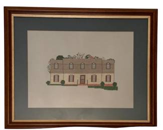 158 - Framed Needlepoint 21"x17" (Description): Framed needlepoint depicting a charming house with dormer windows. The piece is professionally framed with a blue mat and wood frame. Measures 21 inches by 17 inches.