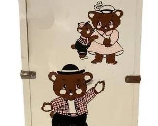 467 - Vtg Doll Trunk w/ Contents Bear Design (Description): Vintage doll trunk with contents, featuring a cream-colored exterior decorated with charming illustrated bears in various outfits. The trunk has metal corner brackets and closure hardware. Measures 8 1/2" x 17 1/4" x 9".