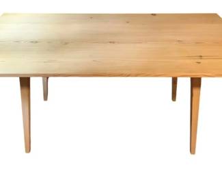 7 - Drop-Side Wood Table 30"x60"x41" (Description): A drop-side wood table crafted from light-toned pine with visible natural knots and grain patterns throughout the surface. The table features a clean, minimalist design with tapered legs in a mid-century modern style. The drop leaves on either side allow for versatile sizing depending on space needs. Measures 30 inches high by 60 inches long by 41 inches wide when fully extended.