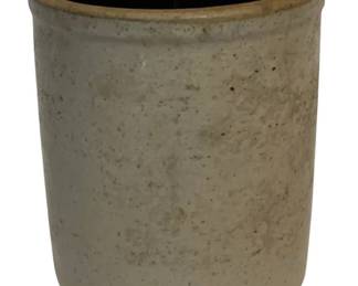 88 - Antique Stoneware Crock 5"x4.5" - as is (Description): Antique stoneware crock, featuring a classic cylindrical form with salt-glazed exterior in a natural tan or buff color. The crock has a brown-glazed interior. Shows age-appropriate wear with some chipping noted. Measures 5 inches in height by 4.5 inches in diameter.