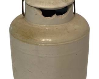 194 - Stoneware Crock #3 w/ Bail Handle 9.5x7.5 - AS IS (Description): AS IS - pieces are available to repair - Vintage stoneware crock marked #3, featuring a cream-colored salt-glazed finish with natural tan accents. The crock has a lidded top with a wire bail handle wrapped in woven rattan or cane for comfortable carrying. A classic American farmhouse storage vessel. Measures 9.5" x 7.5".