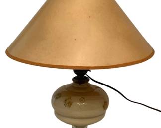 198 - Vintage Electrified Oil Lamp w/Shade (Description): Vintage hand-painted glass oil lamp that has been electrified for modern use. The lamp features a bulbous glass body with floral motifs in yellow and blue tones, resting on a matching painted glass base. It includes a clear glass chimney and a coolie-style paper shade with an orange trim. The lamp measures 20 inches in height. Used as is electric/electronic/mechanical item. No guarantee all components, untested.