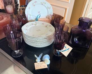 Havilland China and Amethyst Bubble Glass Set