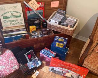 Cedar Chest with CDS, Vinyl Records, Cassettes and Vintage Cameras
