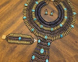Egyptian Revival Cleopatra Scarab Beetle Beaded Bib Necklace, Earrings and Bracelet