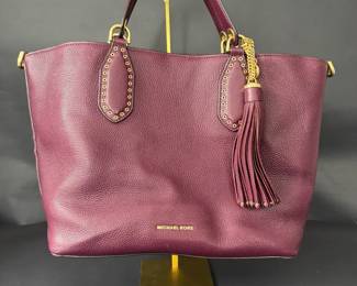 Michael Kors Burgundy Pebbled Leather Tote Handbag with Tassel Shoulder Strap