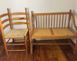 Oak Cane Seat Bench Rush Seat Ladder Back Chair Farmhouse Furniture Set