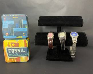 Fossil Blue F2 Womens Watches with Fossil Collectible Tin Storage Boxes 3 Pieces