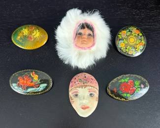 Handmade Folk Art Brooches W Russian Lacquer Sculpted Faces
