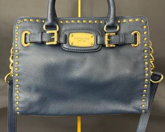 Michael Kors Navy Blue Leather Hamilton Satchel Crossbody Handbag with Gold Stud Details
