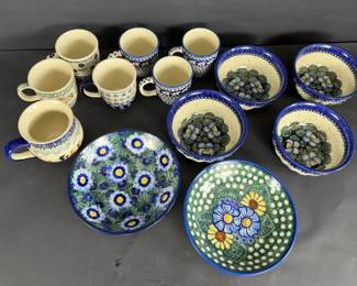 Assorted Polish Pottery Mugs, Bowls Plates