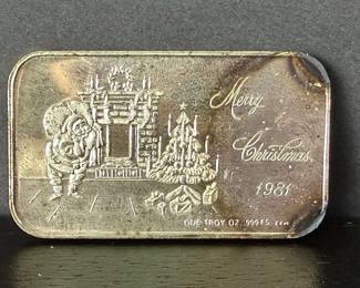 1981 Merry Christmas 1 Troy Oz .999 Fine Silver Art Bar 31.18g
