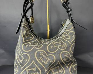 Dooney Bourke Heart Print Canvas Hobo Shoulder Bag Black Leather Trim Red Lining