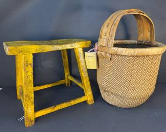 Chinese Woven Market Basket with AntiqueStyle Yellow Wooden Stool Decor Pair