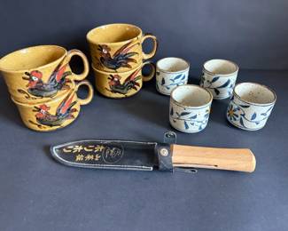 Rustic Pottery Mugs, Stoneware Cups Japanese Garden Knife