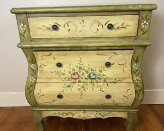 Hand Painted Floral Bombe Accent Chest 3 Drawer Green Cream Side Table Cabinet