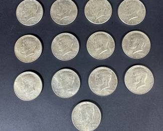 1964 Kennedy Half Dollar Silver Coins 13 Coin Collection, 90 Silver, 162.07g