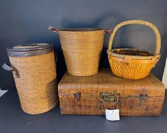 Woven Rattan Suitcase, Lidded Hamper, Basket and Storage Bin 4Piece Collection