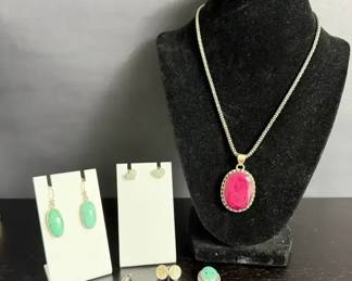 31.63g Sterling Silver 925 Jewelry W Gemstone Necklace, Earrings Ring