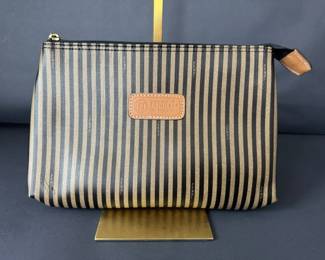 Fendi Pequin Stripe Zip Pouch Clutch Wristlet Canvas Leather Made in Italy