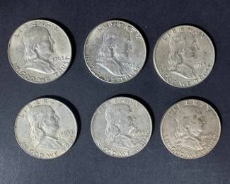 1963 Franklin Half Dollar Silver Coin Collection 6 Coins, 74.94g Total Weight