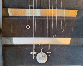 Some Sterling Silver 14K Gold Necklace Collection with Crosses, Lockets Chains