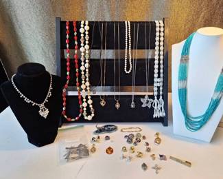 Costume Jewelry Collection with Necklaces, Pins, Tie Clips More