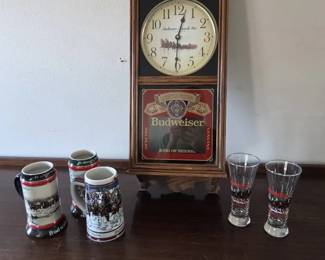 Budweiser Advertising Clock, Steins Beer Glass Collection