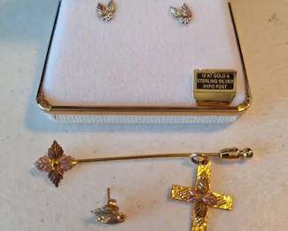 06 Black Hills Gold Jewelry Collection 10K Gold Cross, Earrings, Pin