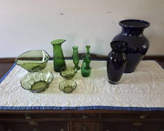 Green, Purple Cobalt Blue Art Glass Vase and Bowl Collection 10 Pieces